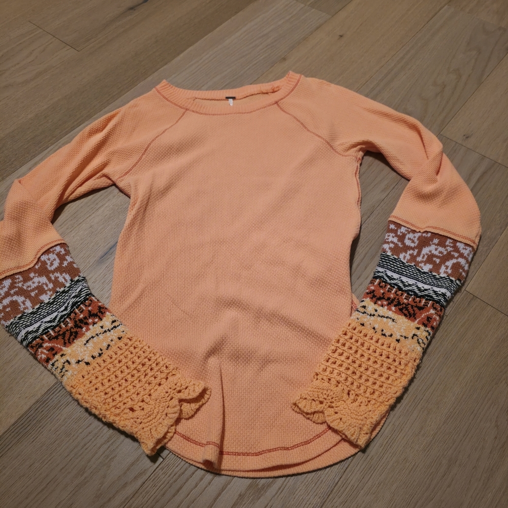 Free People Orange Long Sleeve Top with Crochet Details
